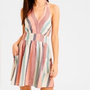 American Eagle MultiColored Stripe Serape Halter Mini Dress Sundress Linen M